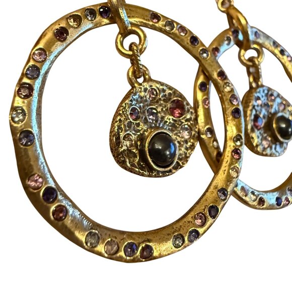 RARE Patricia Locke Handmade Gold Toned Crystal Earrings Round Dangle Drop 2009 - Picture 3 of 5